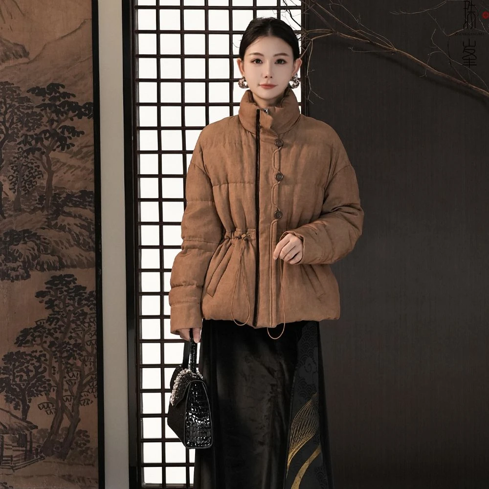 ZOLMOLUNGMA【檀香】新中式皮草白鹅绒水貂毛提花女短款鹅绒服