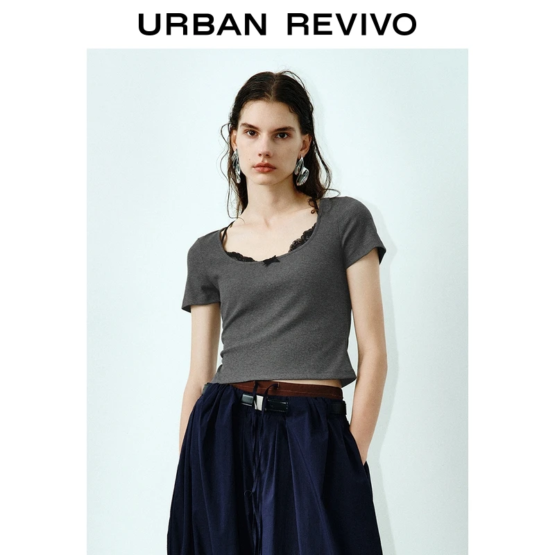 UR2025秋季新款女装拼接吊带蕾丝短款修身短袖T恤UWG450183