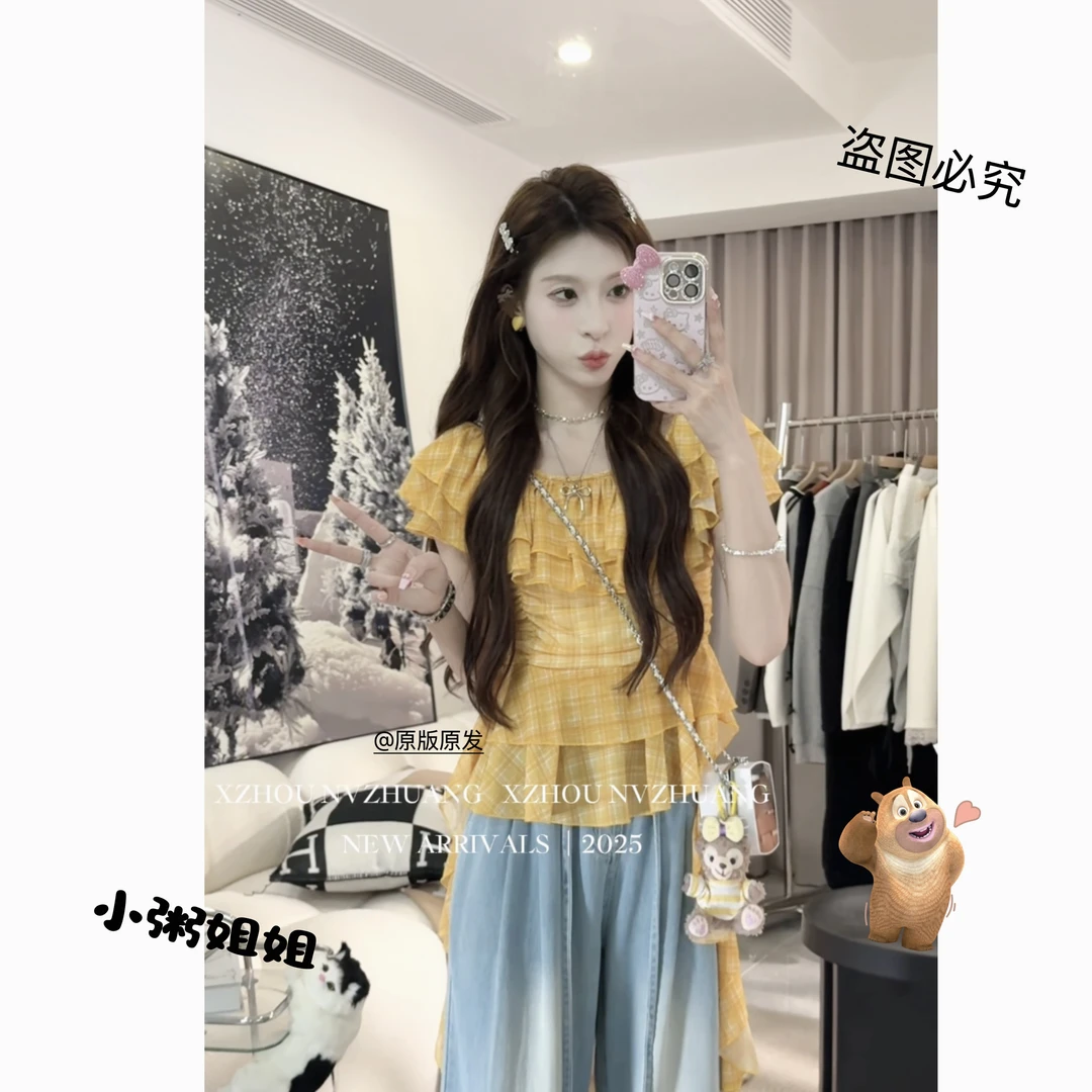 法式一字肩短袖t恤女夏季荷叶边飘带独特绝美上衣