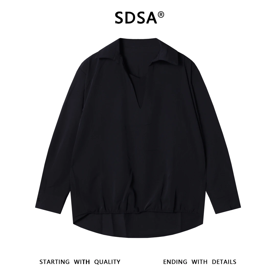 SDSA男士秋冬新款痞帅男装潮牌纯色拼接翻领长袖T恤百搭时尚上衣