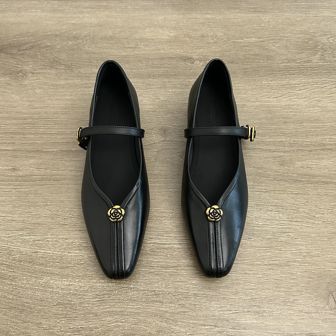 Dannyfrey法式小方头褶皱一字扣带高级2025年春季软皮玛丽珍鞋