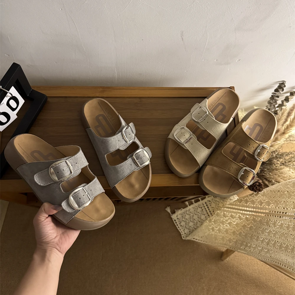 【加厚版吐司】厚底勃肯鞋女夏一字带扣懒人沙滩凉鞋女超软一字拖