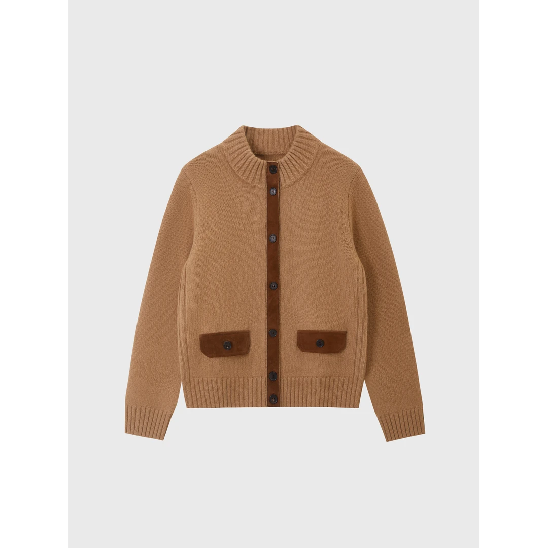 二层羊皮反绒拼接羊毛老钱针织开衫立领外套Y5064