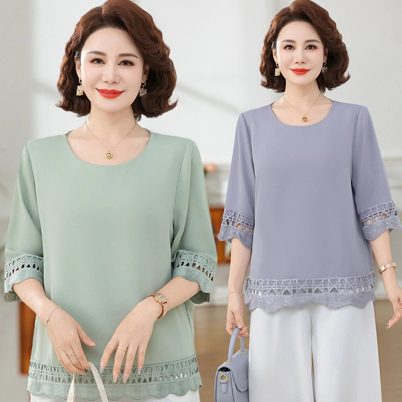 妈妈夏装上衣2025新款中老年女夏季洋气雪纺小衫时尚蕾丝边打底衫