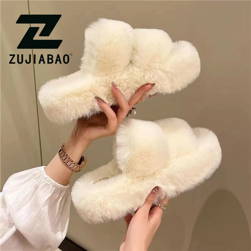 足家宝女外穿平底毛毛拖鞋女鞋百搭防滑毛拖一字拖居家秋冬拖鞋