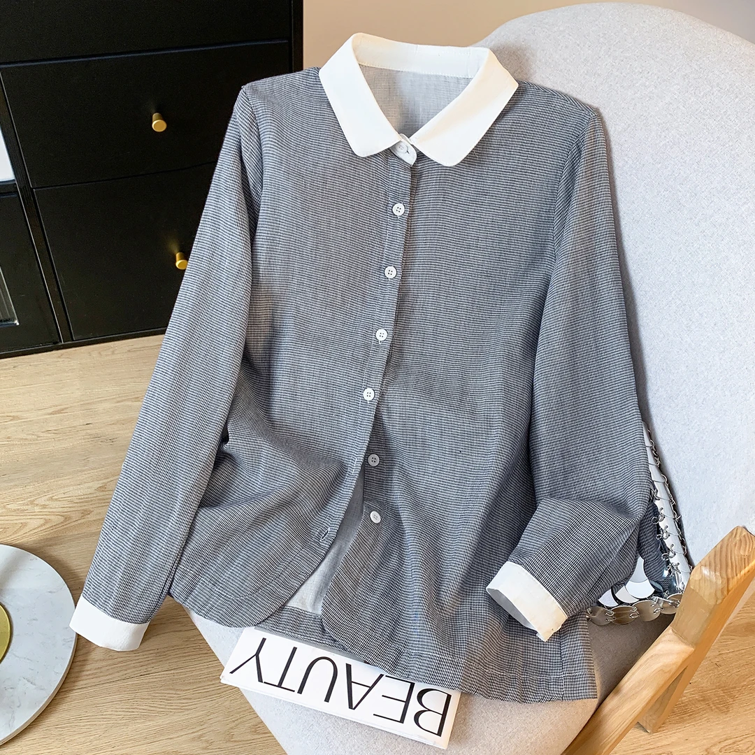 新款小格子双层棉纱纯棉长袖衬衫女新款宽松拼色减龄上衣显瘦衬衣