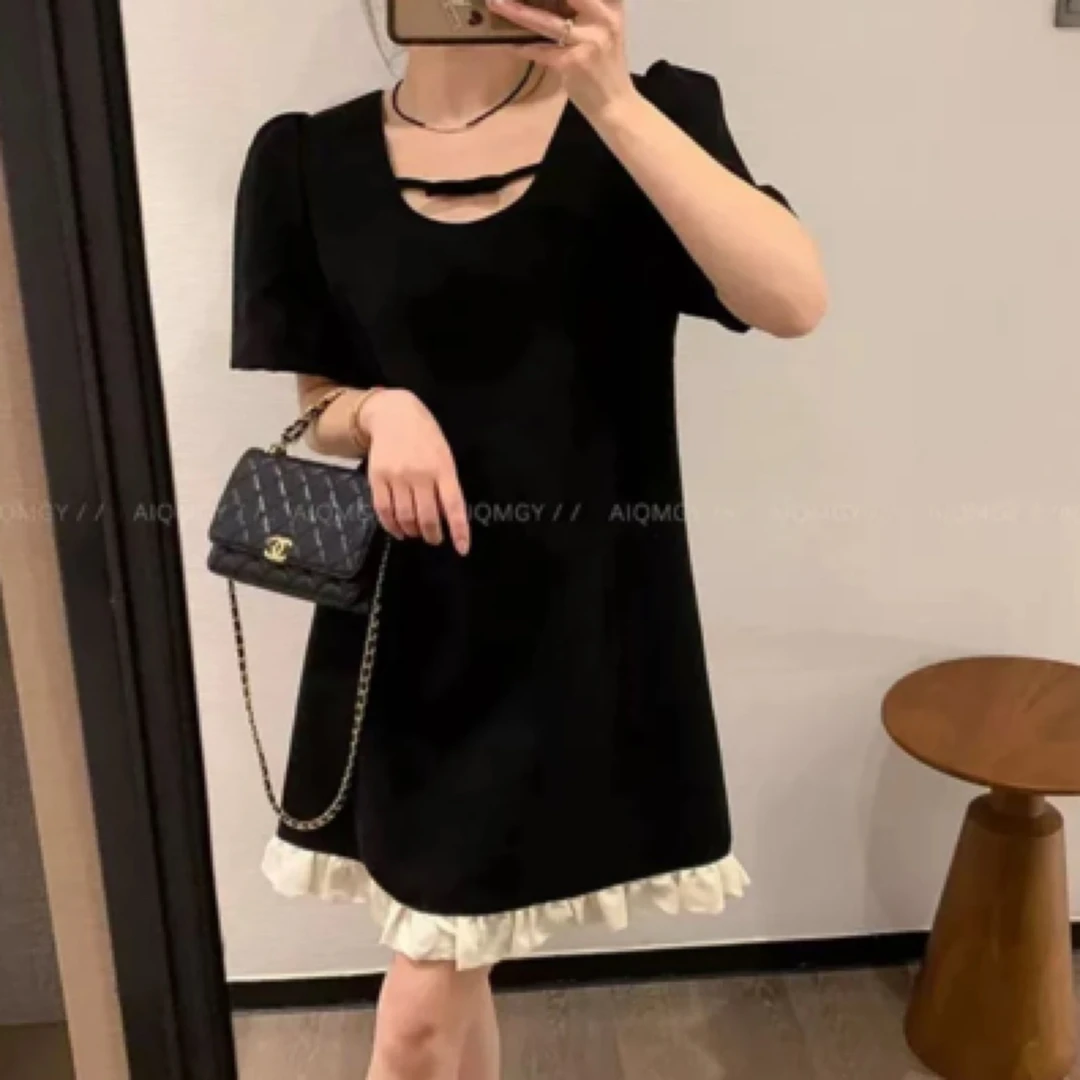 大宝专属赫本风U领气质拼接枫叶褶小黑裙连衣裙