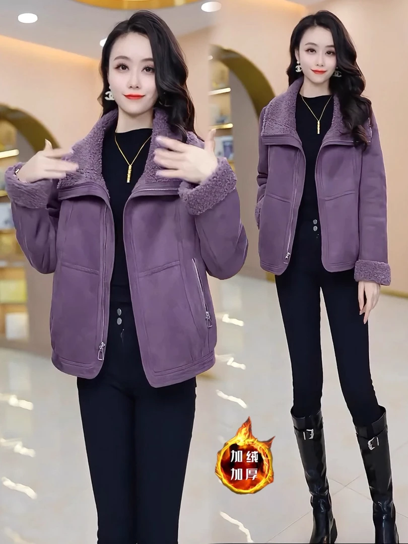 加绒加厚鹿皮绒短外套女2025冬季新款时尚显瘦皮毛一体保暖上衣潮