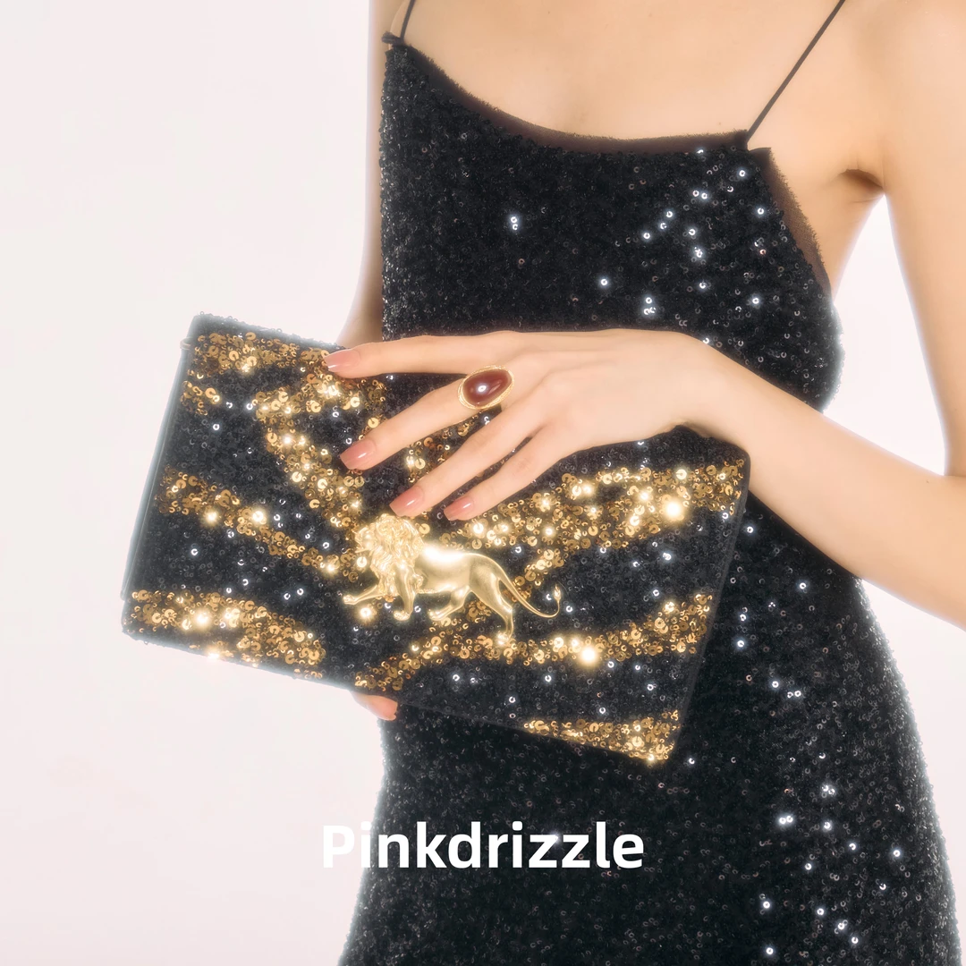 Pinkdrizzle鎏光金狮珠片手拿单肩包复古黑金高级感晚宴包