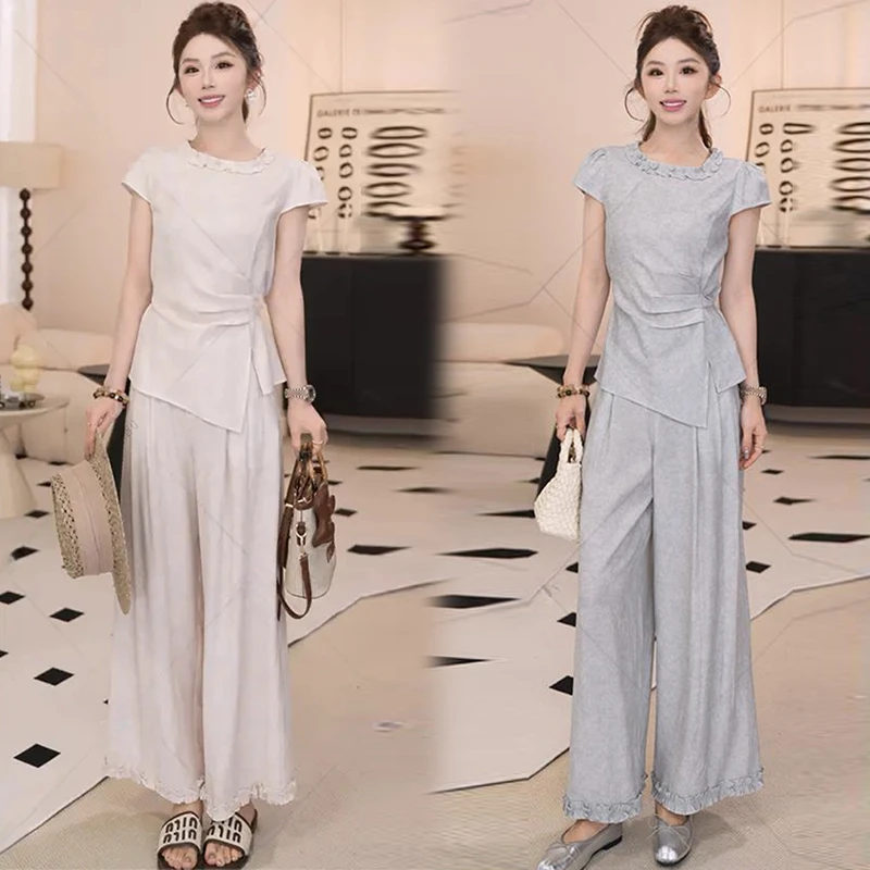 休闲法式小个子套装女2025夏季新款气质宽松显瘦上衣阔腿裤两件套