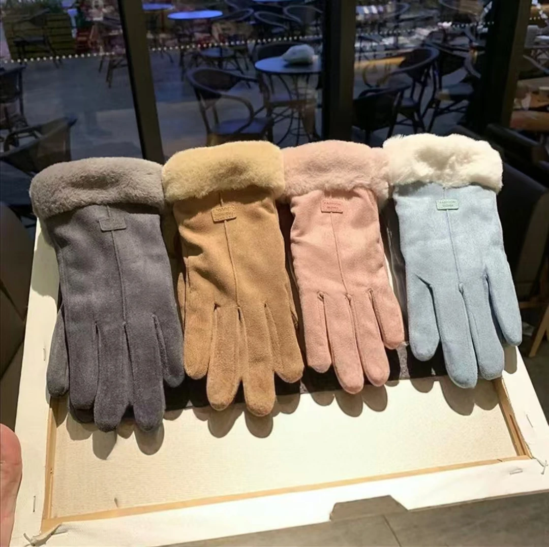 冬季麂皮绒保暖手套户外防风加绒加厚手套女中标毛口骑行触屏手套