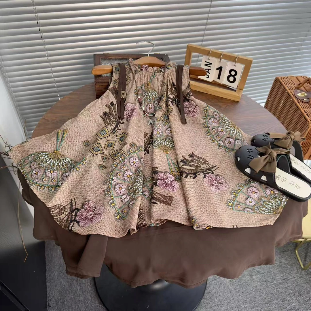 女童裙子夏季新款儿童背心碎花连衣裙设计师重工复古气质