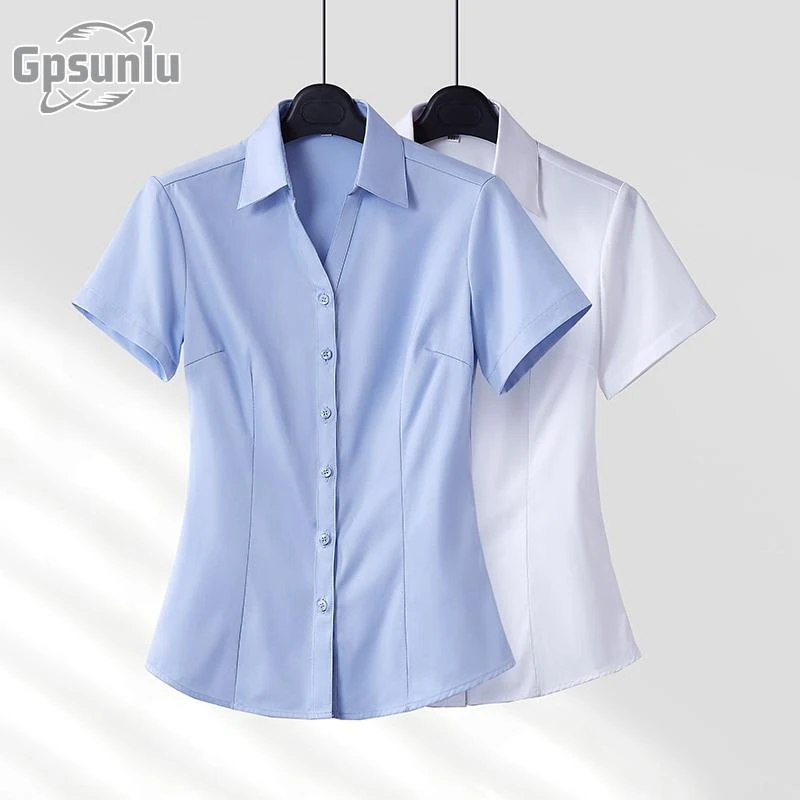 gpsunlu衬衫女高级感短袖夏时尚新款工作服套装工装半袖蓝色衬衣