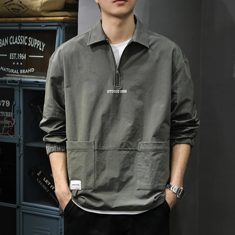 美式潮牌半拉链polo领男士衬衫秋季复古长袖衬衣户外宽松冲锋外套