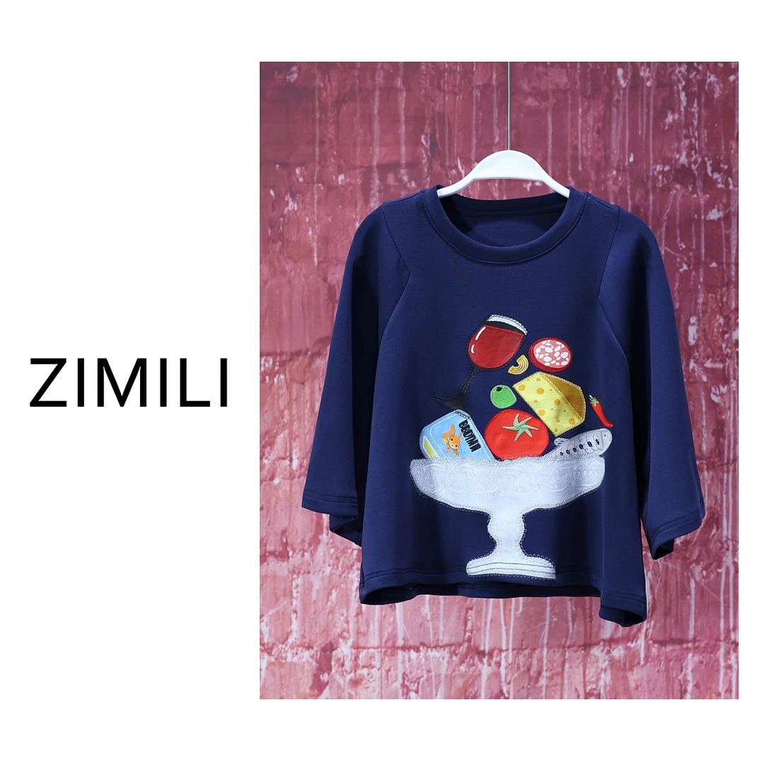 【子秋女装】2025设计师欧版丈青色印花拼接时尚休闲短袖7903