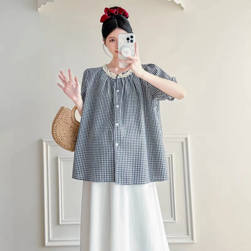 2503 孕妇夏季新款显瘦花边领甜美格子上衣娃娃衫时尚套装