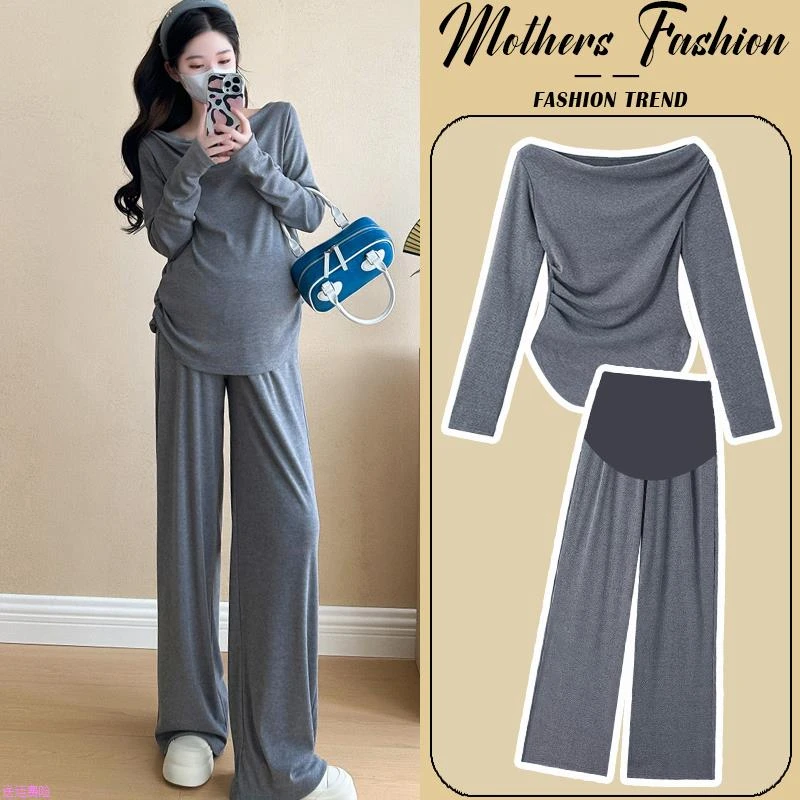 孕妇套装春秋2025新款灰色时尚洋气时髦慵懒风潮妈上衣裤子两件套