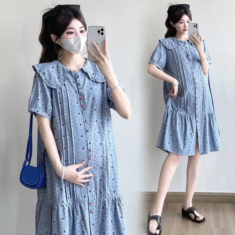 2025新款孕妇夏宽松显瘦娃娃领印花甜美减龄潮妈鱼尾连衣裙