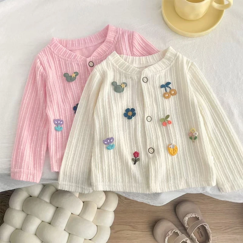 春夏女童针织衫柔软开衫儿童卡通彩扣长袖外套韩版宝宝童装