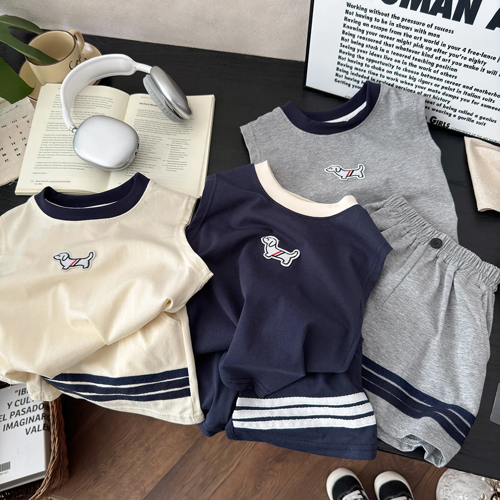 儿童背心短裤套装2025夏季新款男女童潮牌无袖宝宝T恤休闲短裤