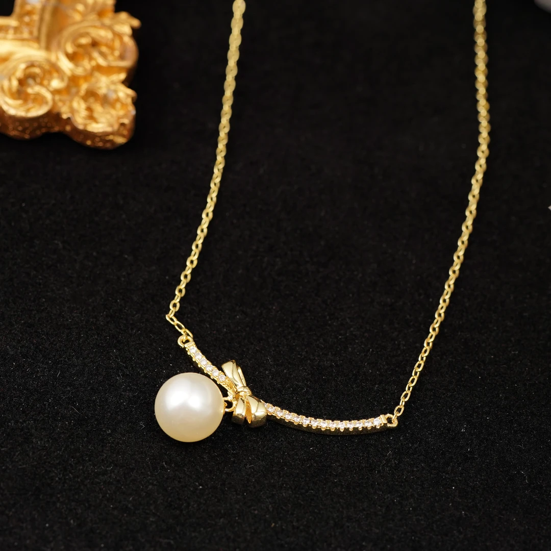 铜合金项链  【3734】LeLe 项链 满钻蝴蝶结珠珠（主链+延长：41+5cm）