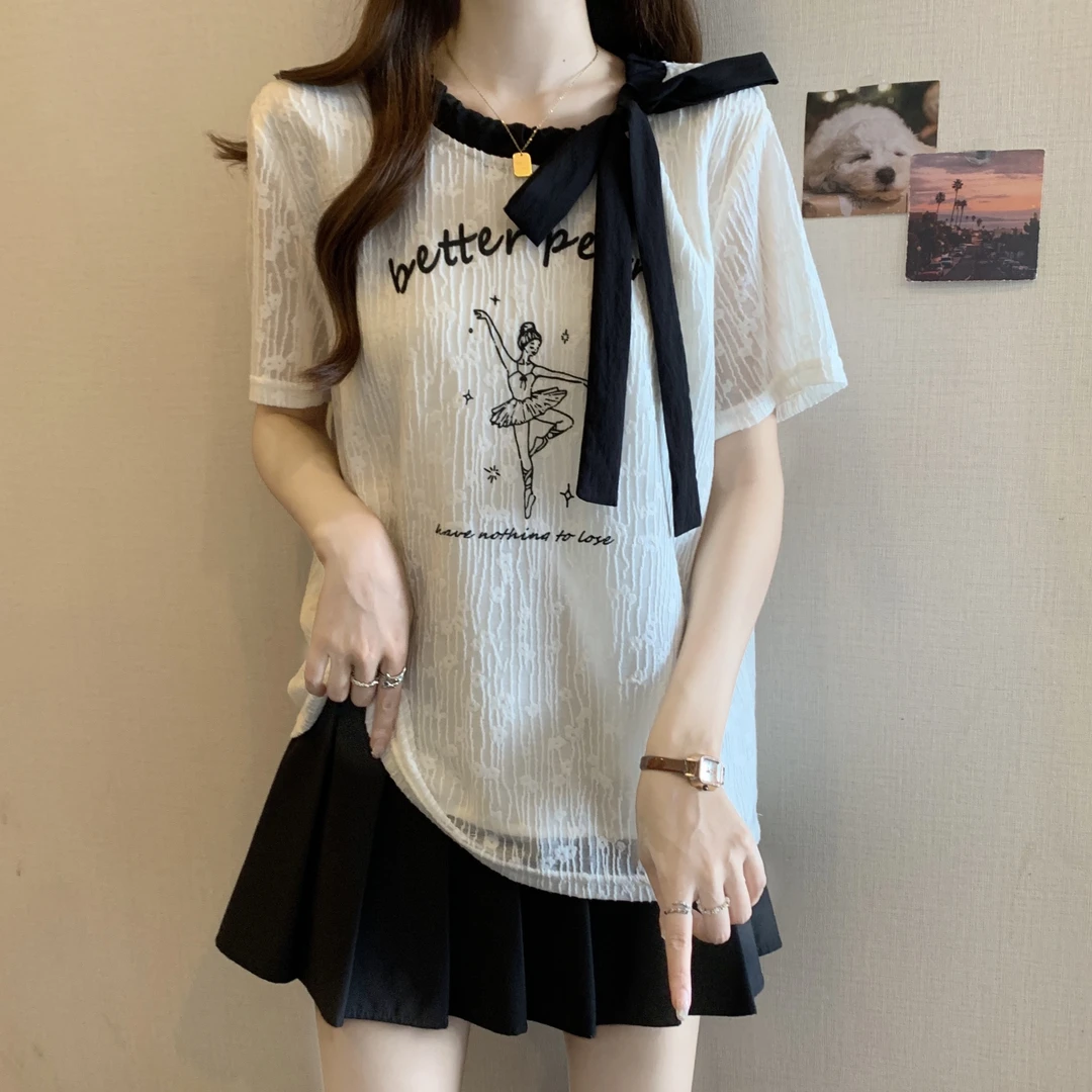 大码女装遮肚子蝴蝶结正肩短袖t恤女夏季胖mm别致百搭设计感上衣