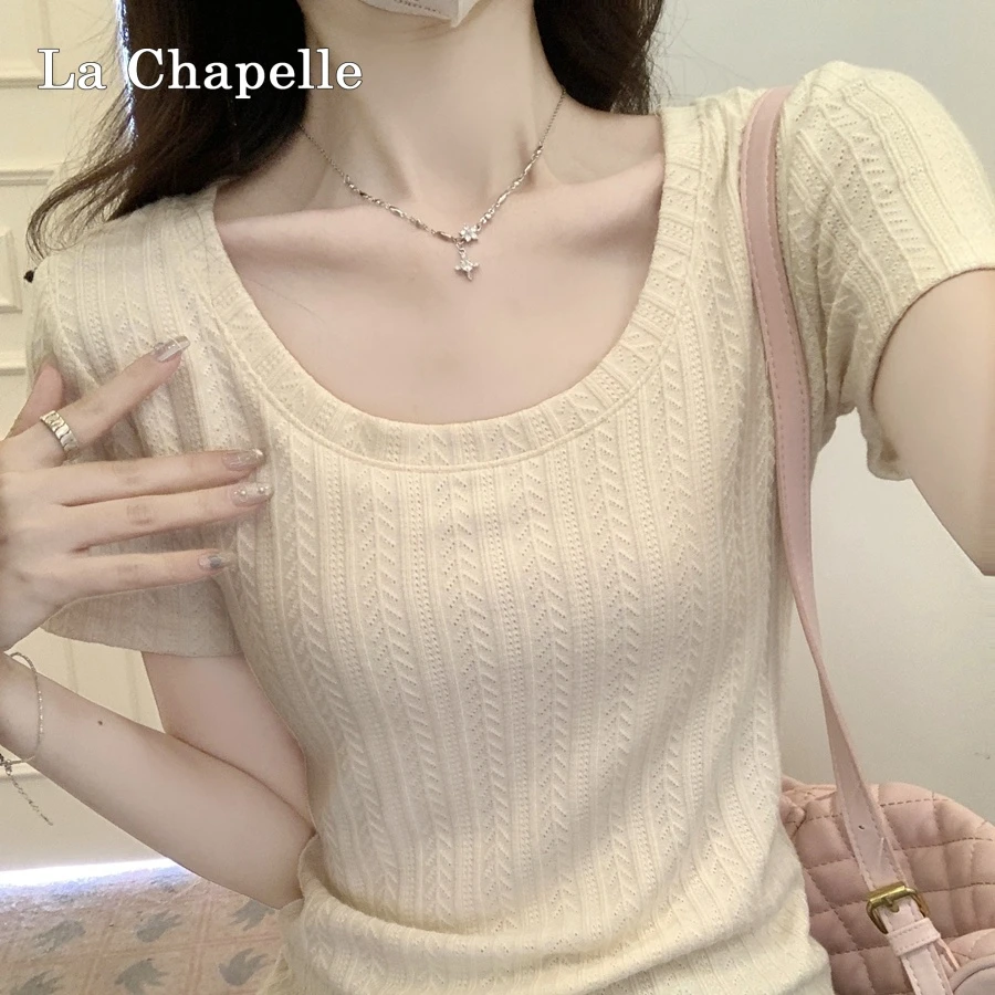 拉夏贝尔大圆领t恤正肩短袖夏季新款百搭修身体恤显瘦短款上衣潮