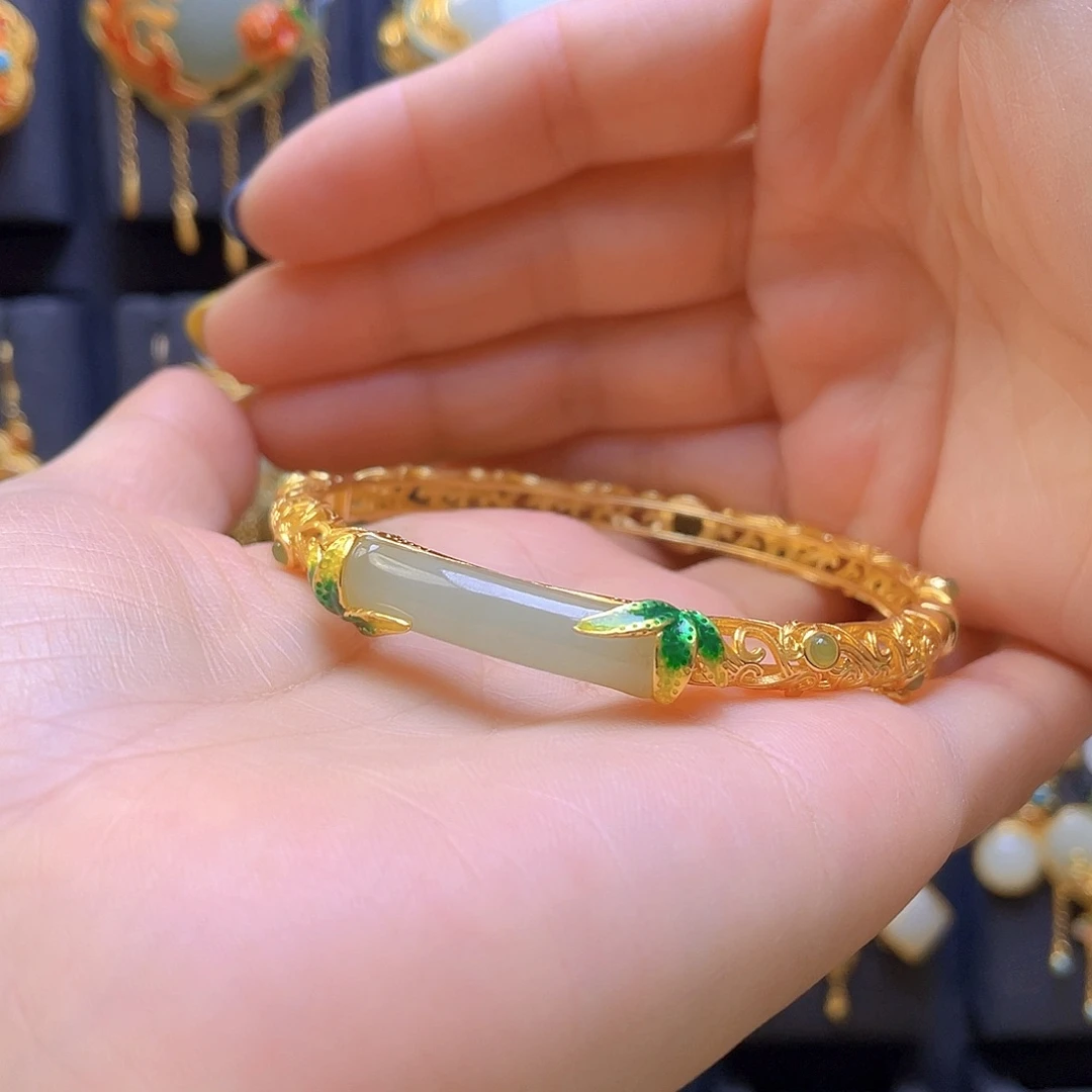 和田玉银S925镀金镶嵌手镯