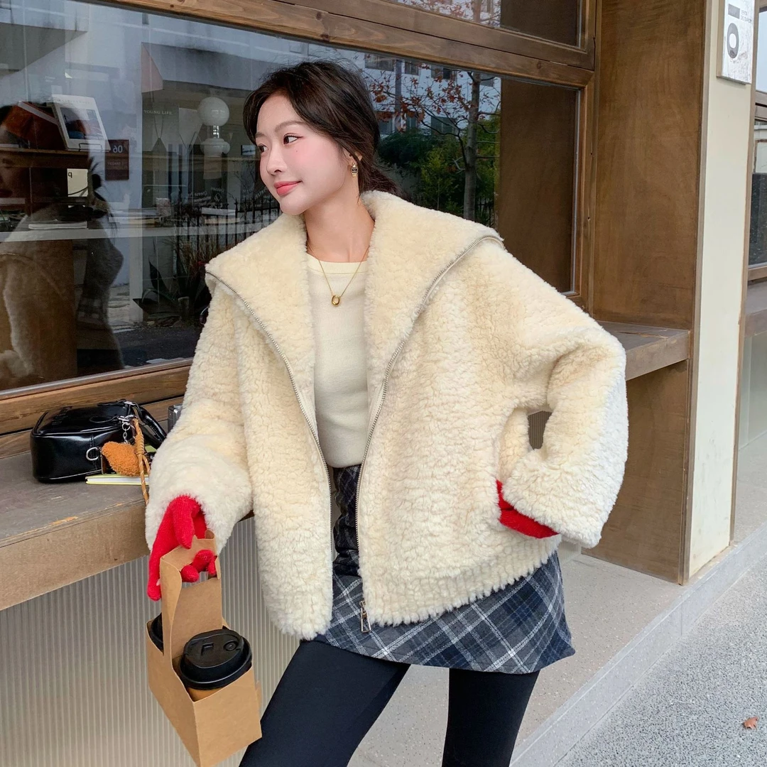 韩系千金风皮毛一体外套女2025冬季新款休闲慵懒感保暖毛绒绒上衣