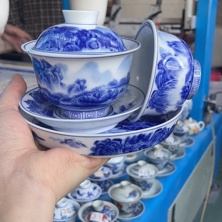 青花釉下彩盖碗杯子壶承