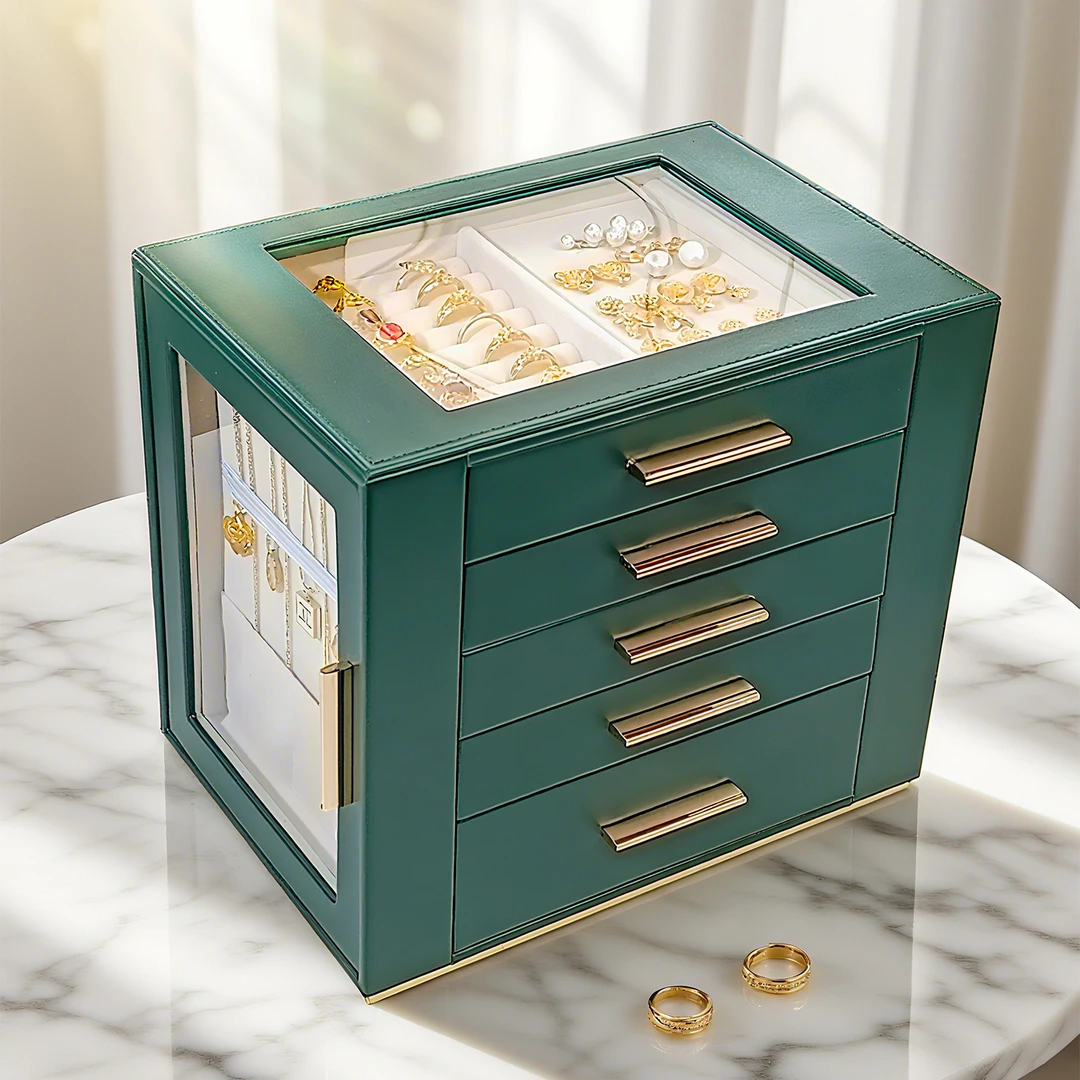 首饰盒/箱 2025新款五层皮质首饰盒多层天窗款手饰品珠宝盒防氧化