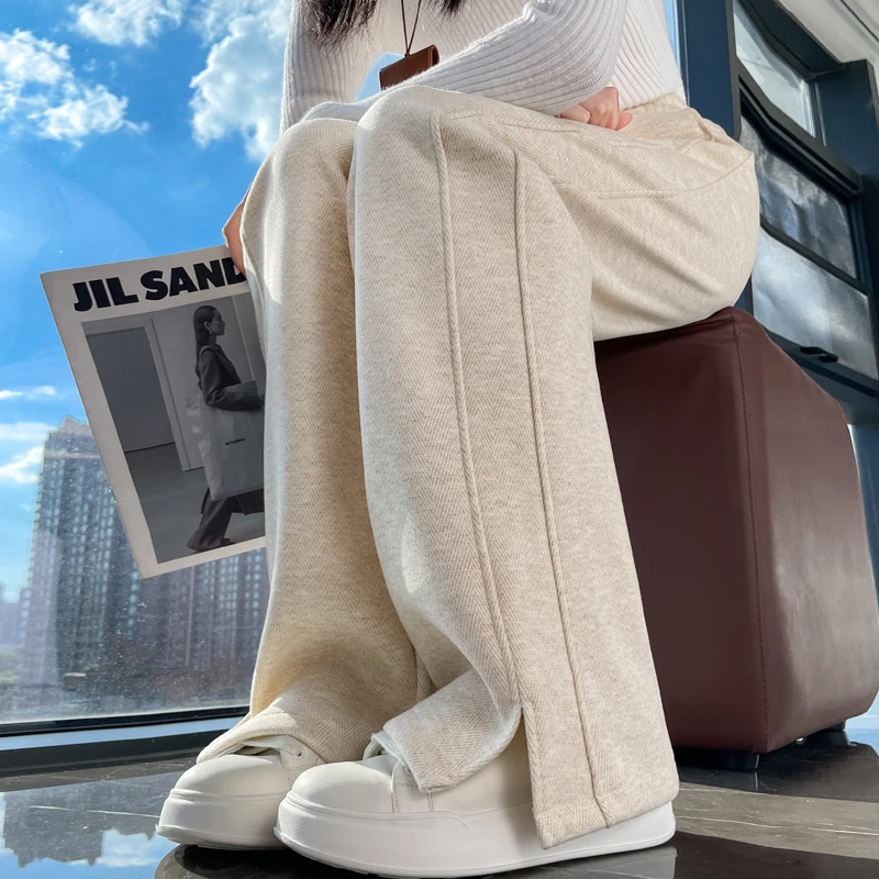 人字纹侧开叉毛呢阔腿裤女九分小个子大码加绒加厚直筒长裤秋冬季