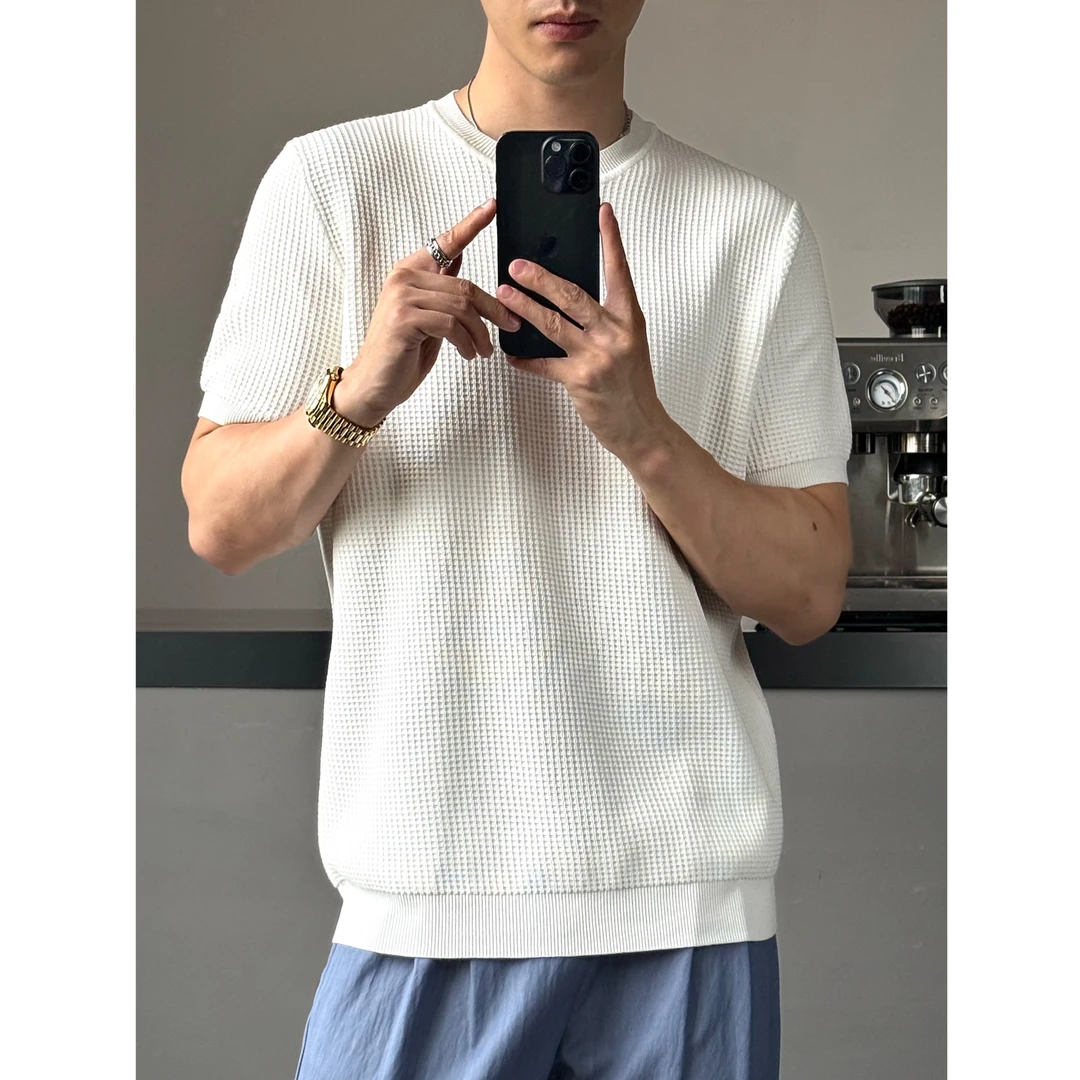 AIXKOM｜2025夏季针织镂空华夫格顺滑凉感短袖