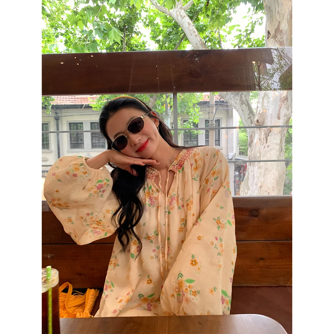 落落狷介新中式上衣宽松苎麻套头衬衫2025年夏季新款薄款碎花衬衣