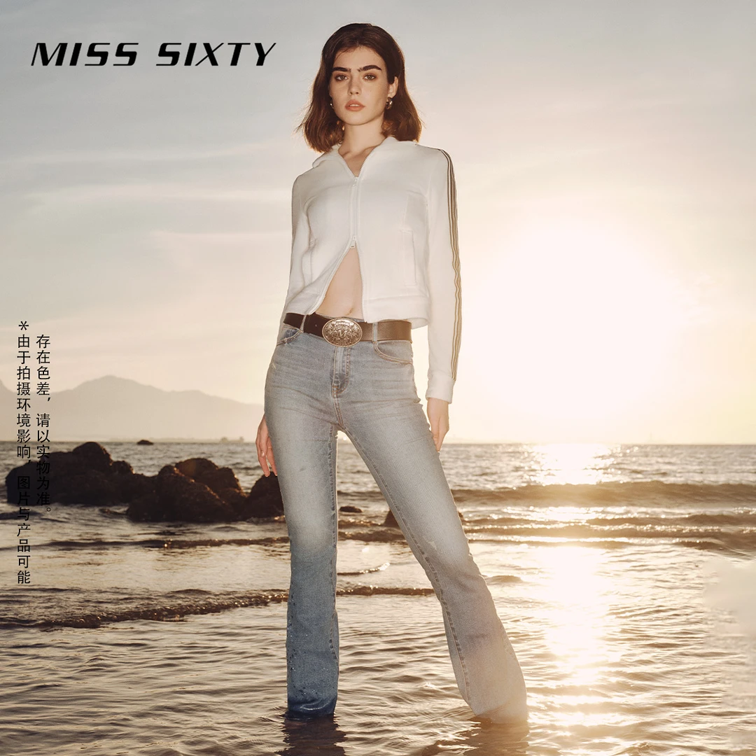 Miss Sixty新款牛仔裤高腰显瘦微喇叭裤百搭简约雅丹风