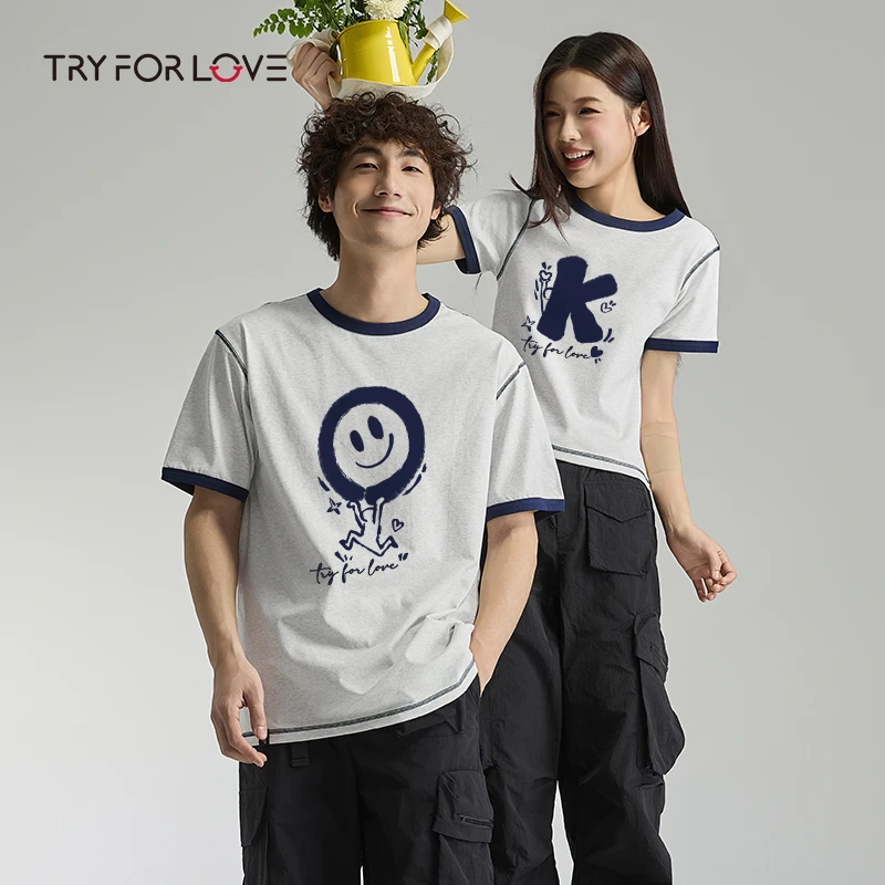 TRYFORLOVEOK搞怪笑脸情侣装短袖t恤2025新款高级感休闲宽松半袖