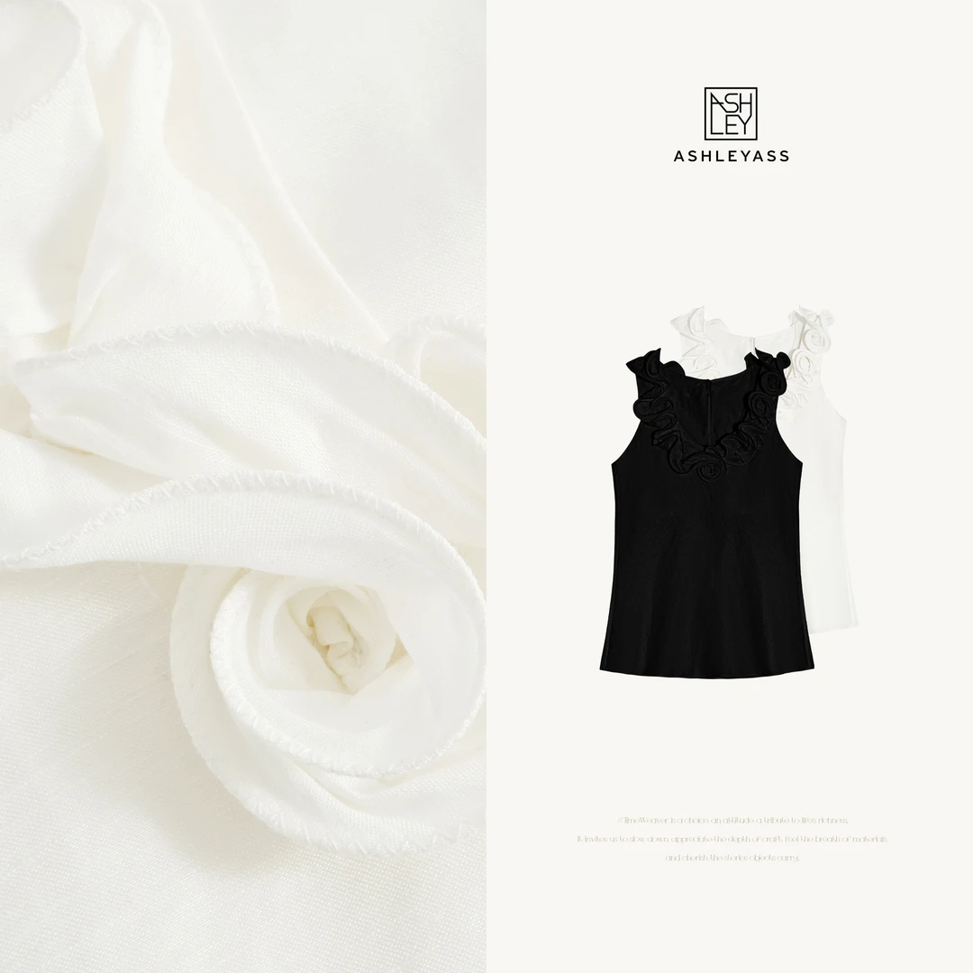 ashleyass“蔷薇”法式花朵上衣手工捏褶花朵浪漫背心LSS250293Y