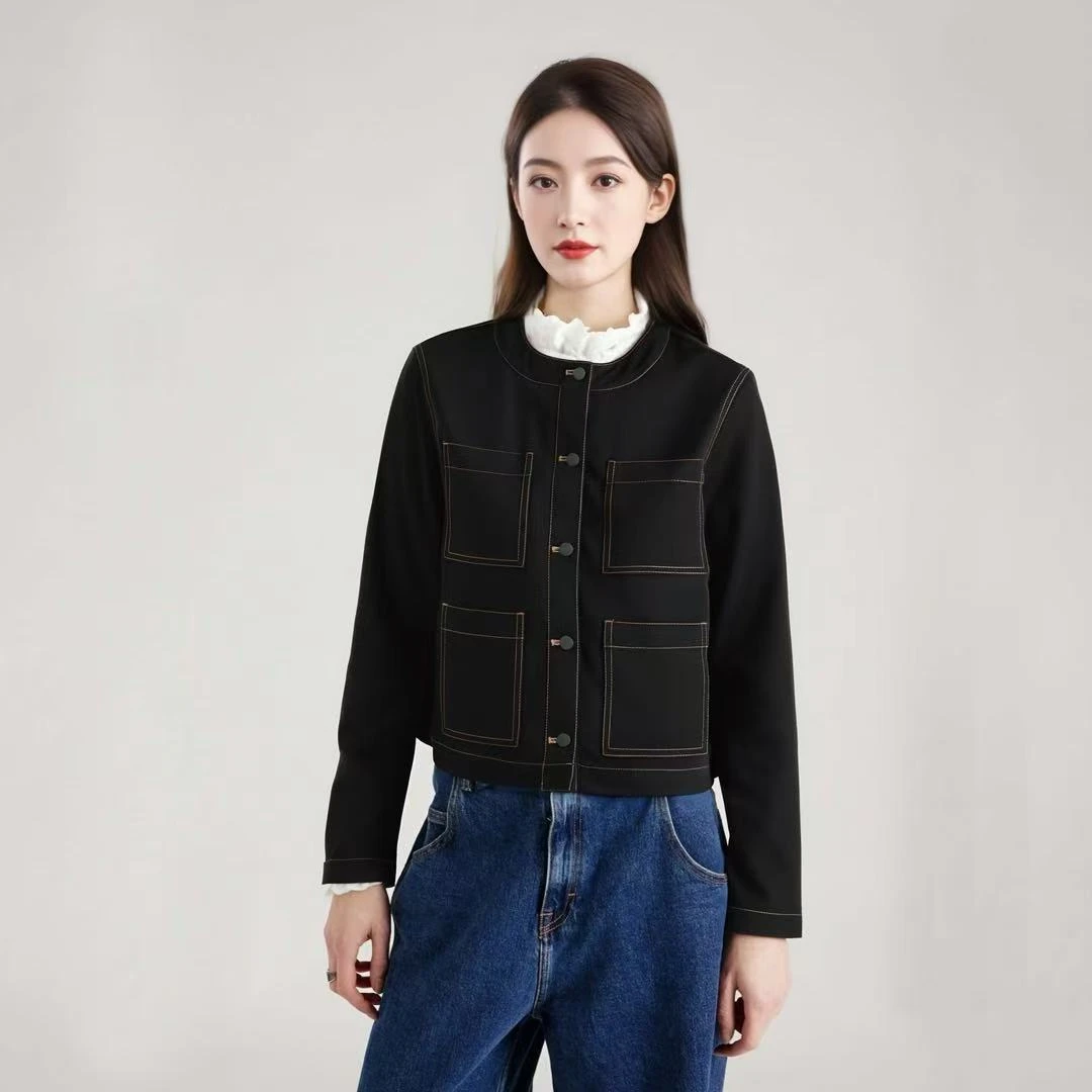 柞蚕丝简约气质外套时尚休闲百搭短款女士拼接短外套L24R62WL