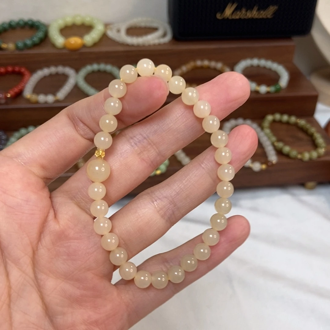 和田玉18K金镶嵌手链福利6mm橘粉