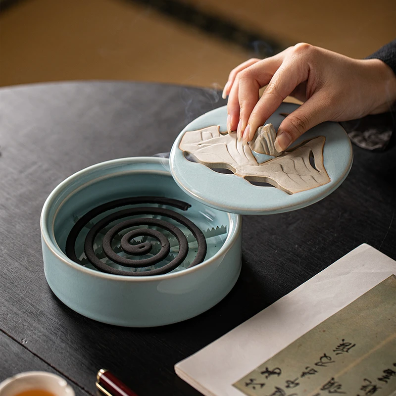 禅意远山陶瓷大号蚊香炉防火带盖客厅卧室蚊香盒盘复古香薰炉摆件