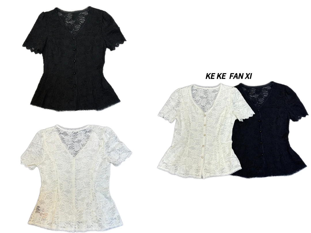 9128蕾丝V领短袖T显瘦气质轻奢时尚洋气百搭修身设计师法式设计感