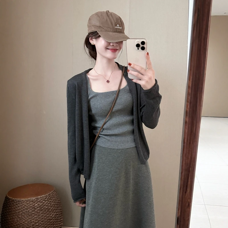 老钱风灰色针织开衫外套女秋季韩版松弛感慵懒风宽松毛衣外搭上衣