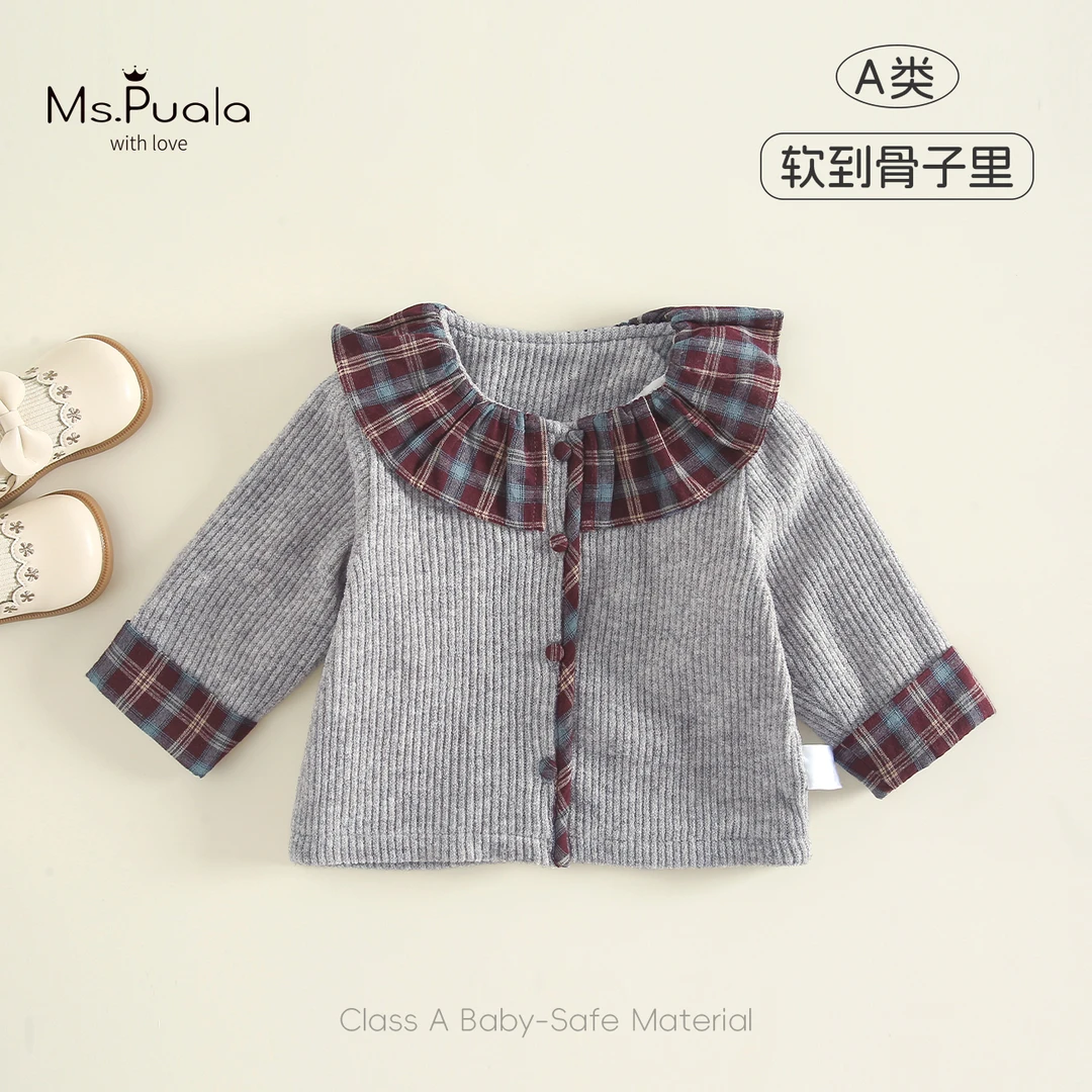 【Ms.Puala格蕾系】婴幼儿童装女宝外套秋季红蓝格纹针织拼格子翻领
