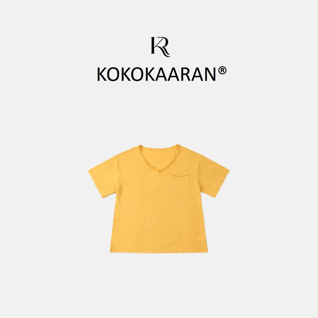 kokokaaran/可可咔伦 【亚麻】复古随性卷边V领口袋宽松T恤SH250315