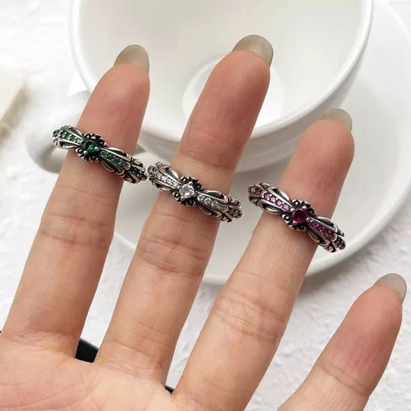 925银戒指 鸢尾花十字架开口戒指男女情侣镶钻高级个性指环时尚