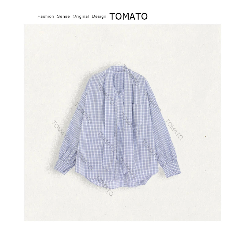 【TomaTo】天空探云 早春格纹飘带蓝色格子衬衫系带上衣女C25CS233