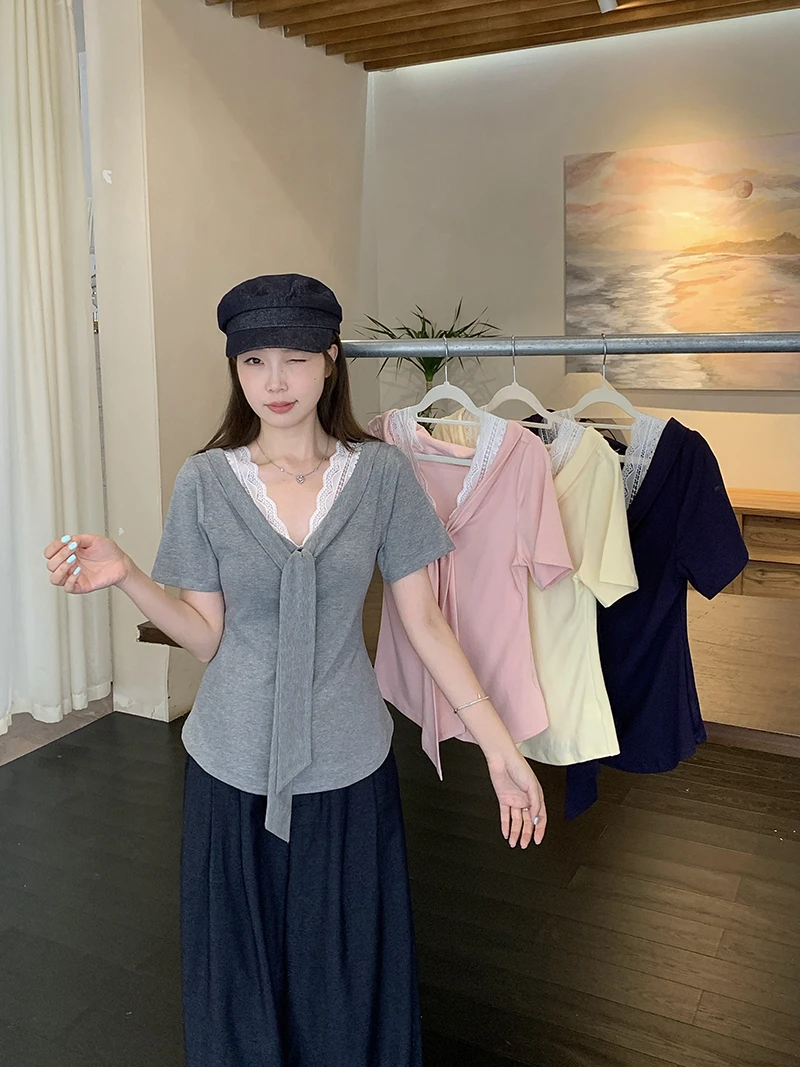 2025夏款胖mm大码女时尚拼接蕾丝花边v领披肩短袖T恤上衣A1811