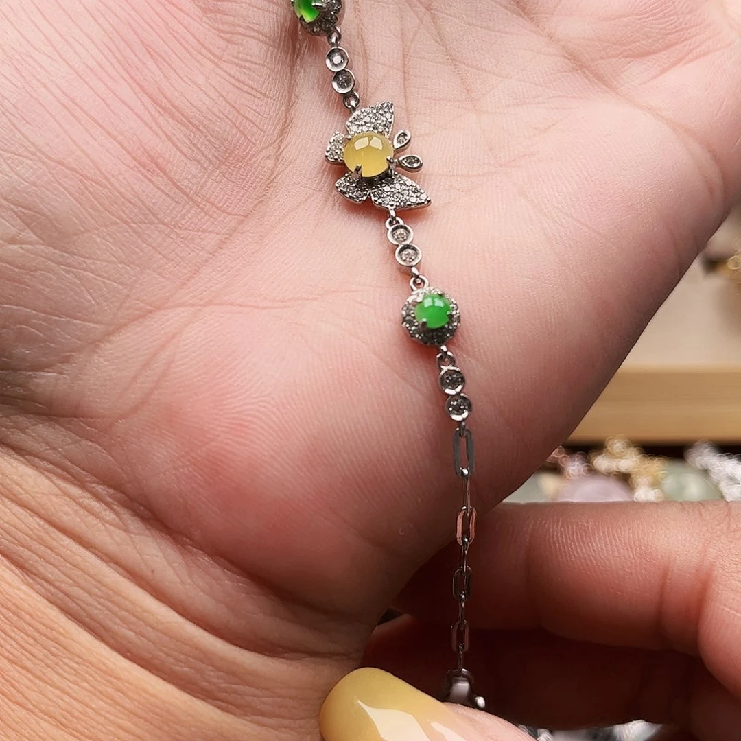 翡翠戒指银S925镶嵌缅甸天然A货翡翠手链