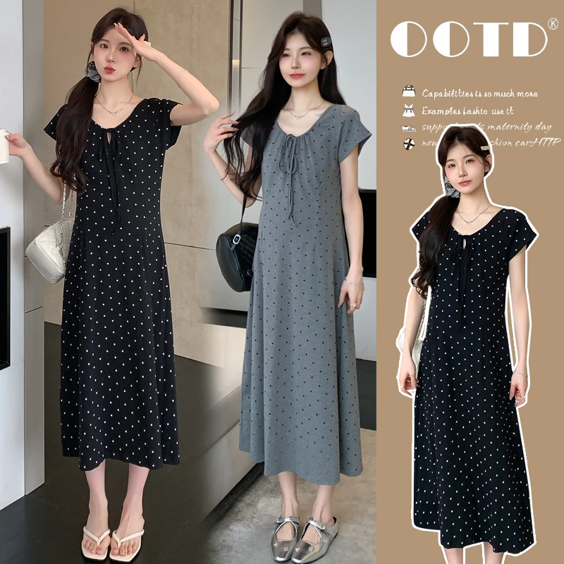 2025夏季简约波点系绳经典圆领修身孕妇短袖懒人连衣裙
