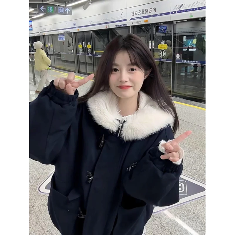 藏青色连帽毛领棉服女秋冬季加厚超好看学院风设计感小众棉袄外套